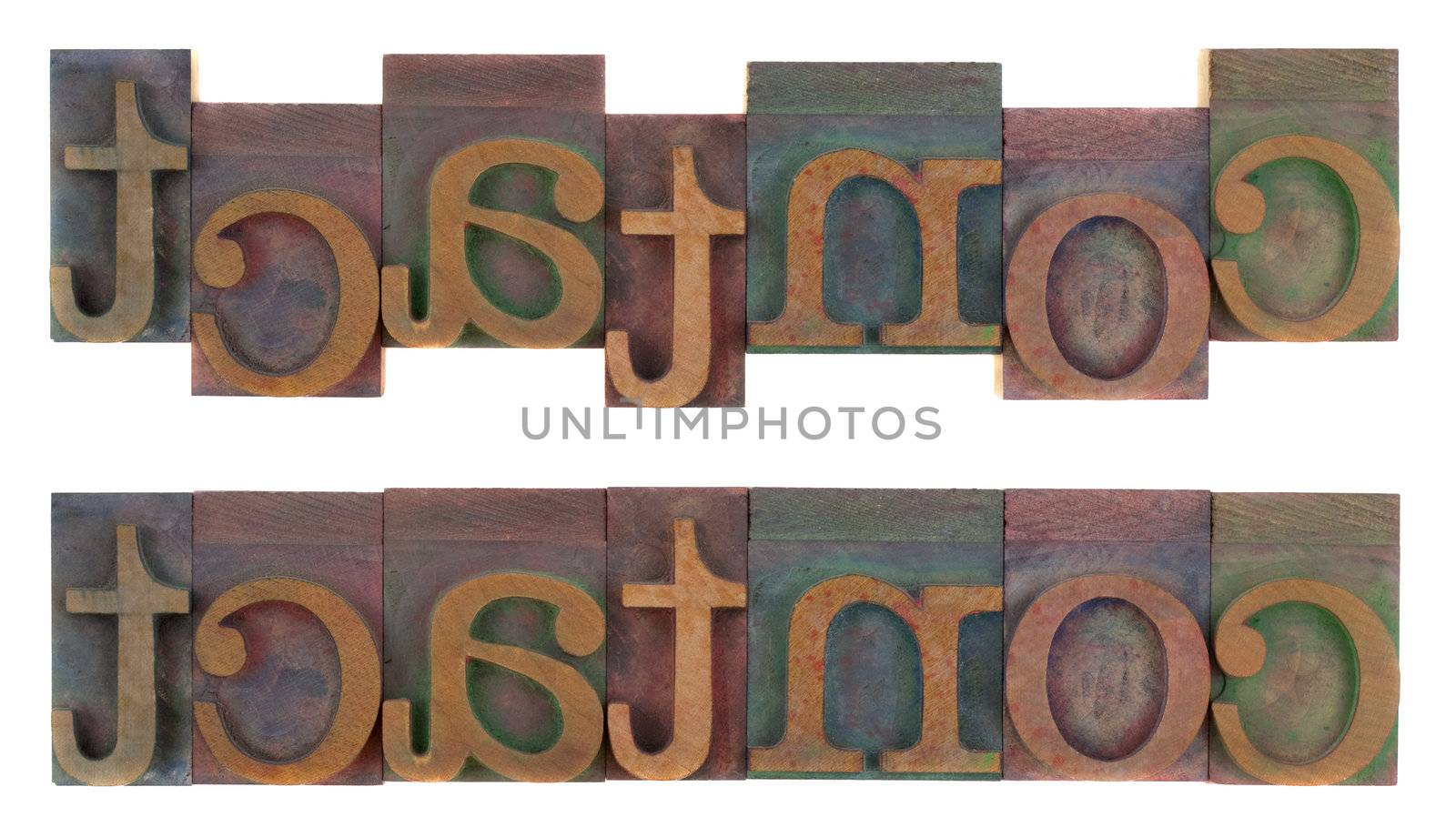 the word contact (two layouts) in old wooden letterpress type blocks, stained by colorful ink, isolated on white