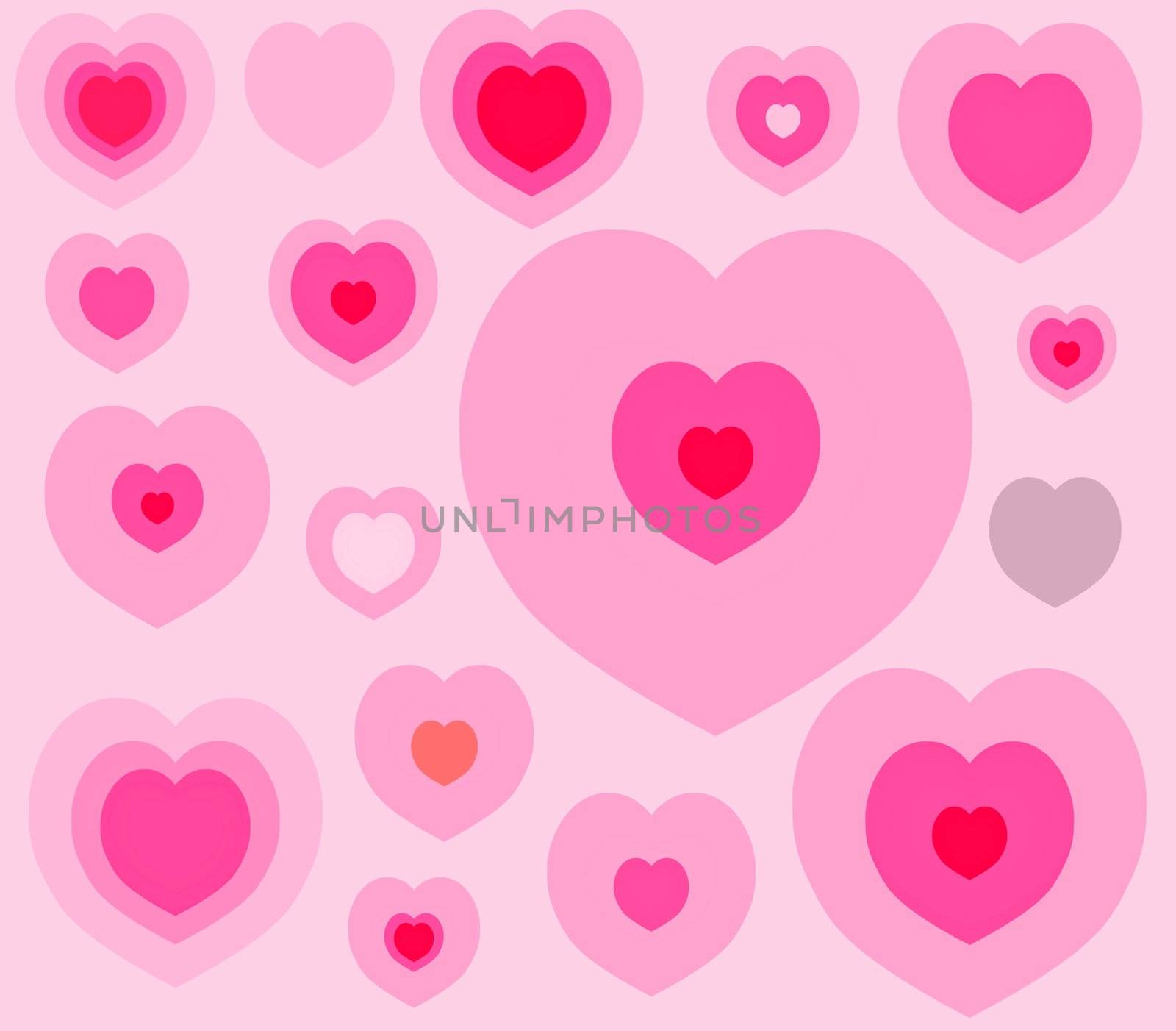 Variety of hearts over a pink background