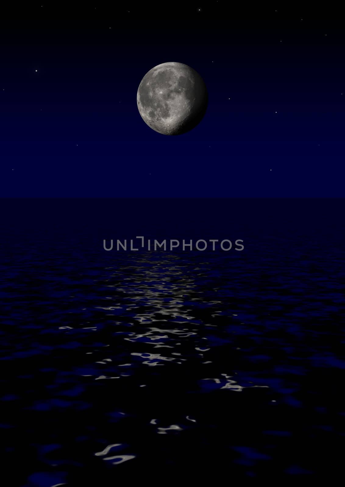 Illustration of a full moon over a reflective sea