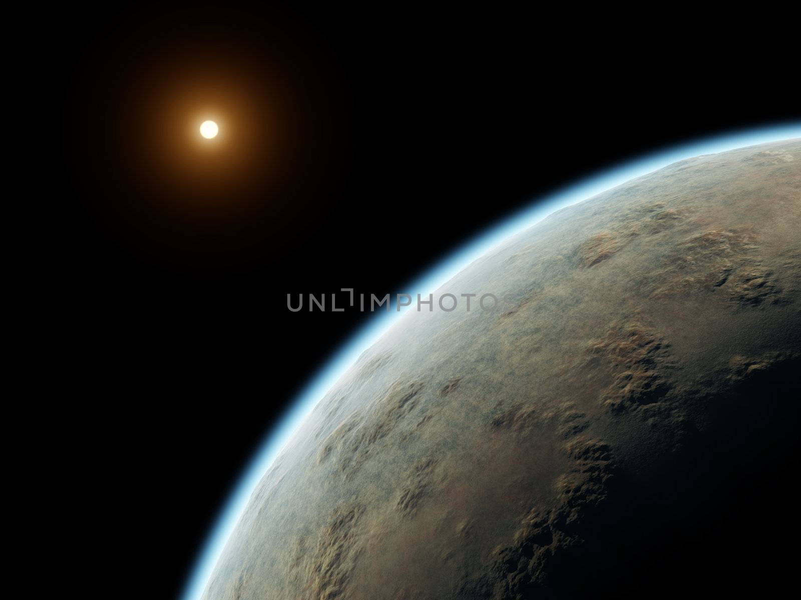 An illustration of a nice deep space planet with a red sun