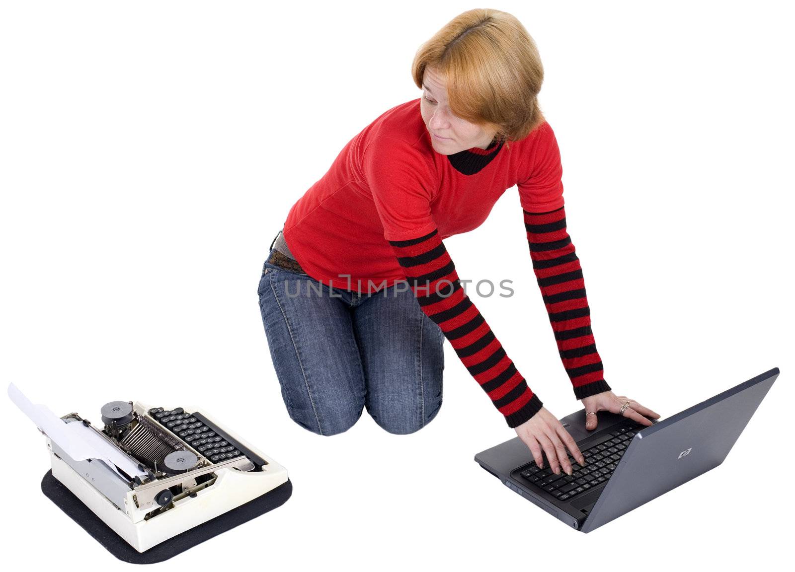 The girl with the laptop and a typewriter, on a white background