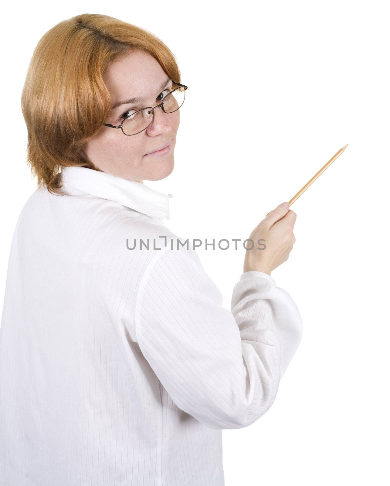 The woman in white clothes with a pencil in a hand