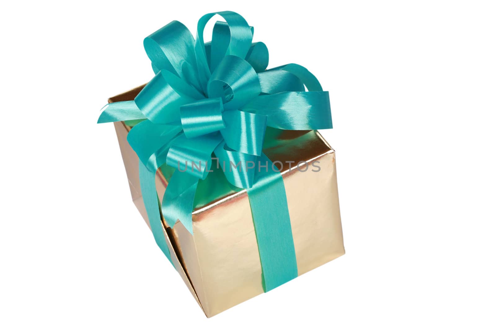 Gold present with green bow and ribbons