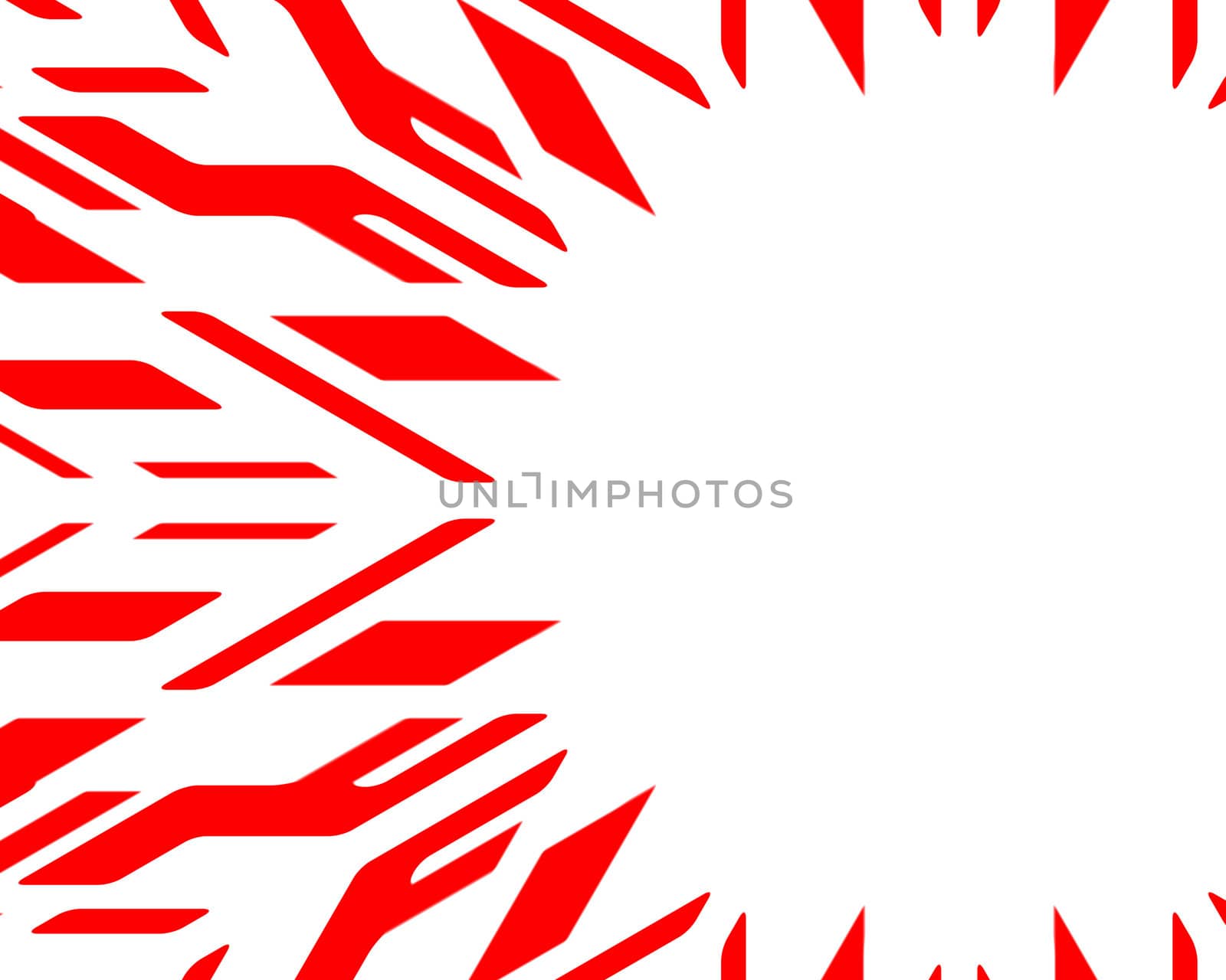 A red geometric arrow shaped sunburst on a white background.