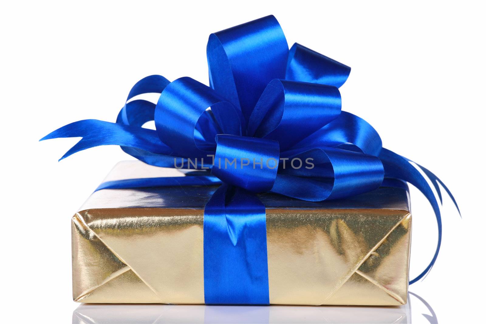 Gold present with blue ribbons and bow