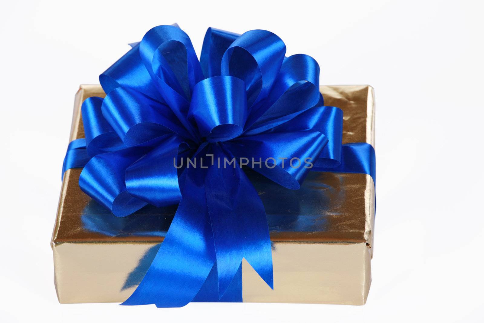Gold present with blue ribbons and bow