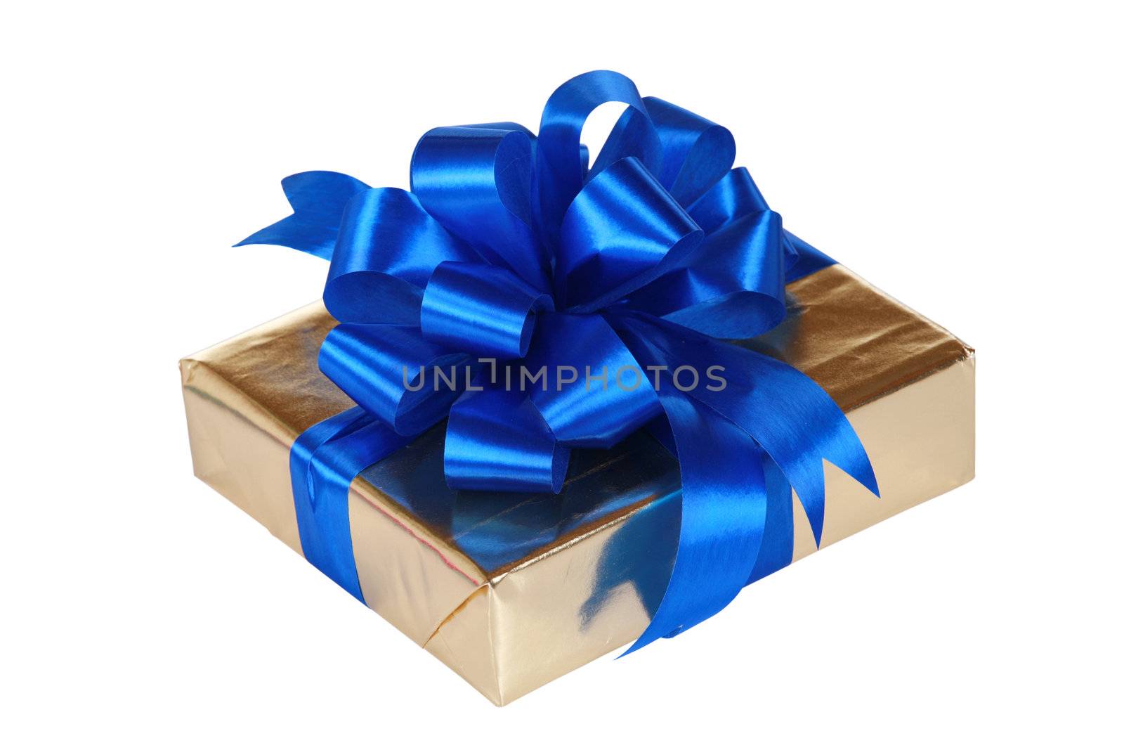 Gold present with blue ribbons and bow