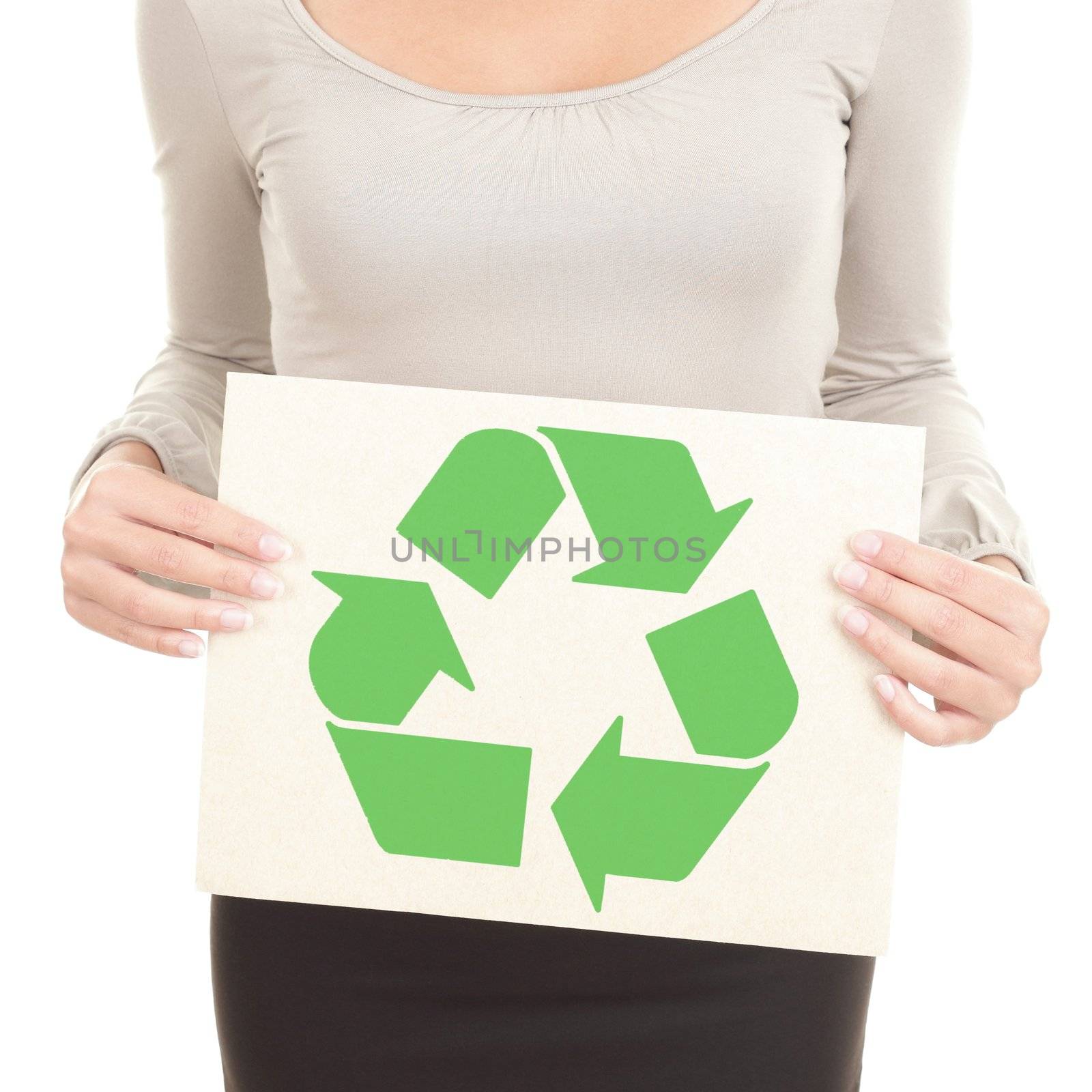 Recycling woman showing the recycle sign / symbol on recycled paper. Isolated on white background.