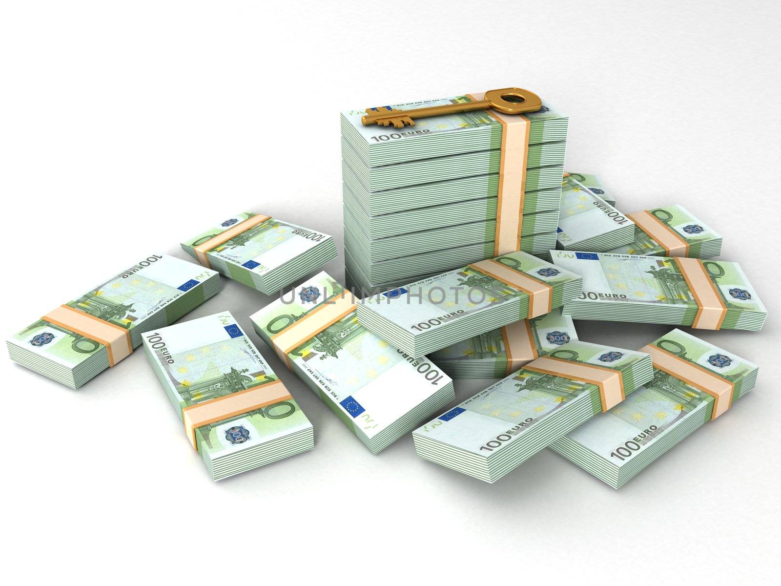 three dimensional view of key and currency bundles

