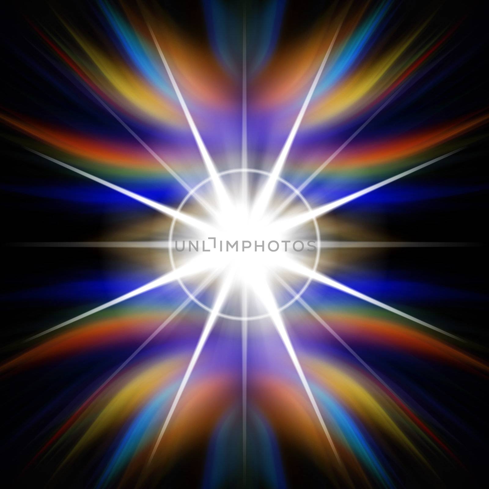 Bright rainbow colored flash of light or lens flare burst over a black background.