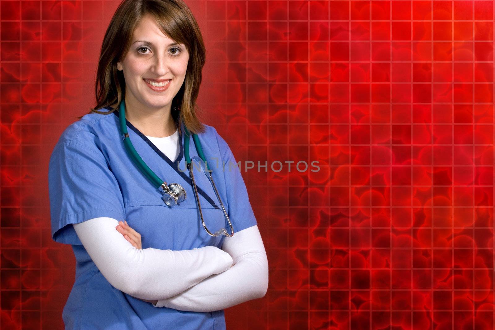 A smiling nurse or doctor over a background made up of red 3D cells.  Plenty of copy-space for your text.