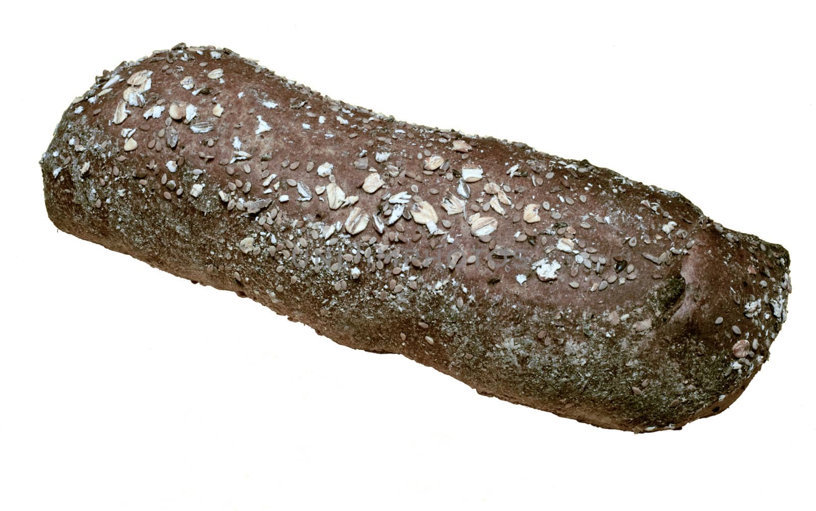 a roll of black bread on white background