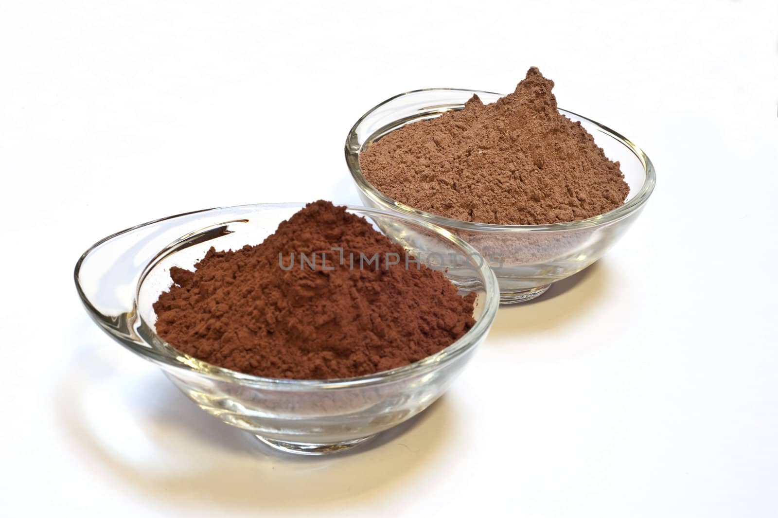 cocoa cake and cocoa powder on a white background