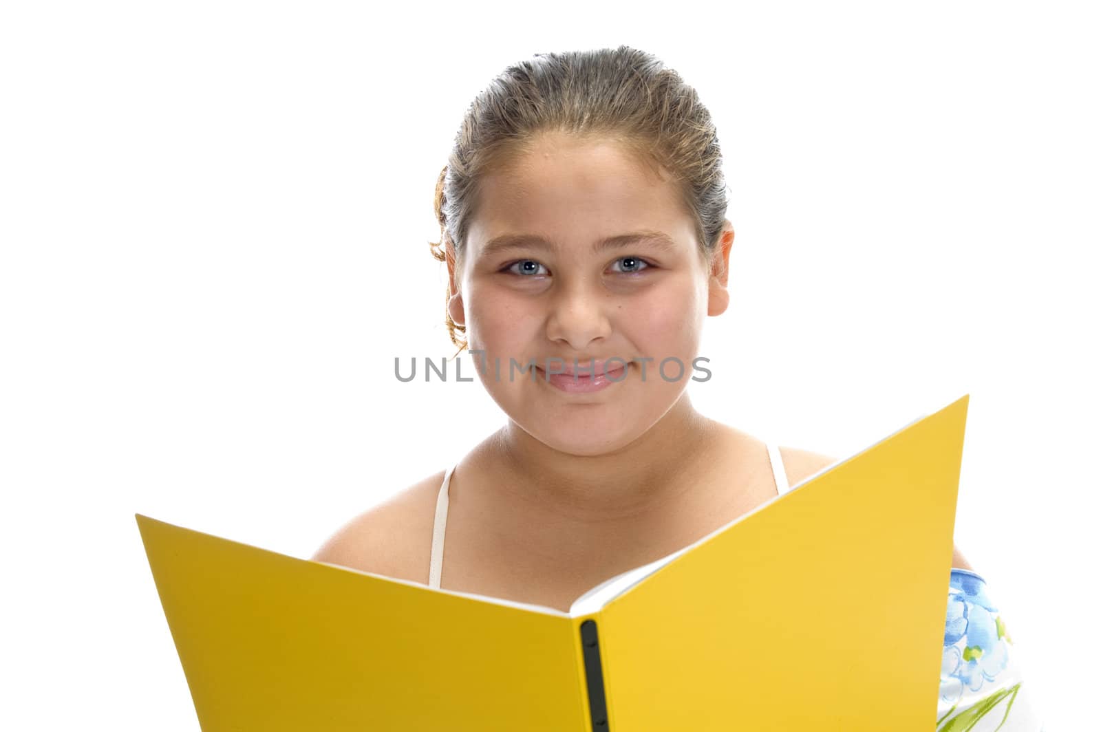 smiling girl with book looking you with white background