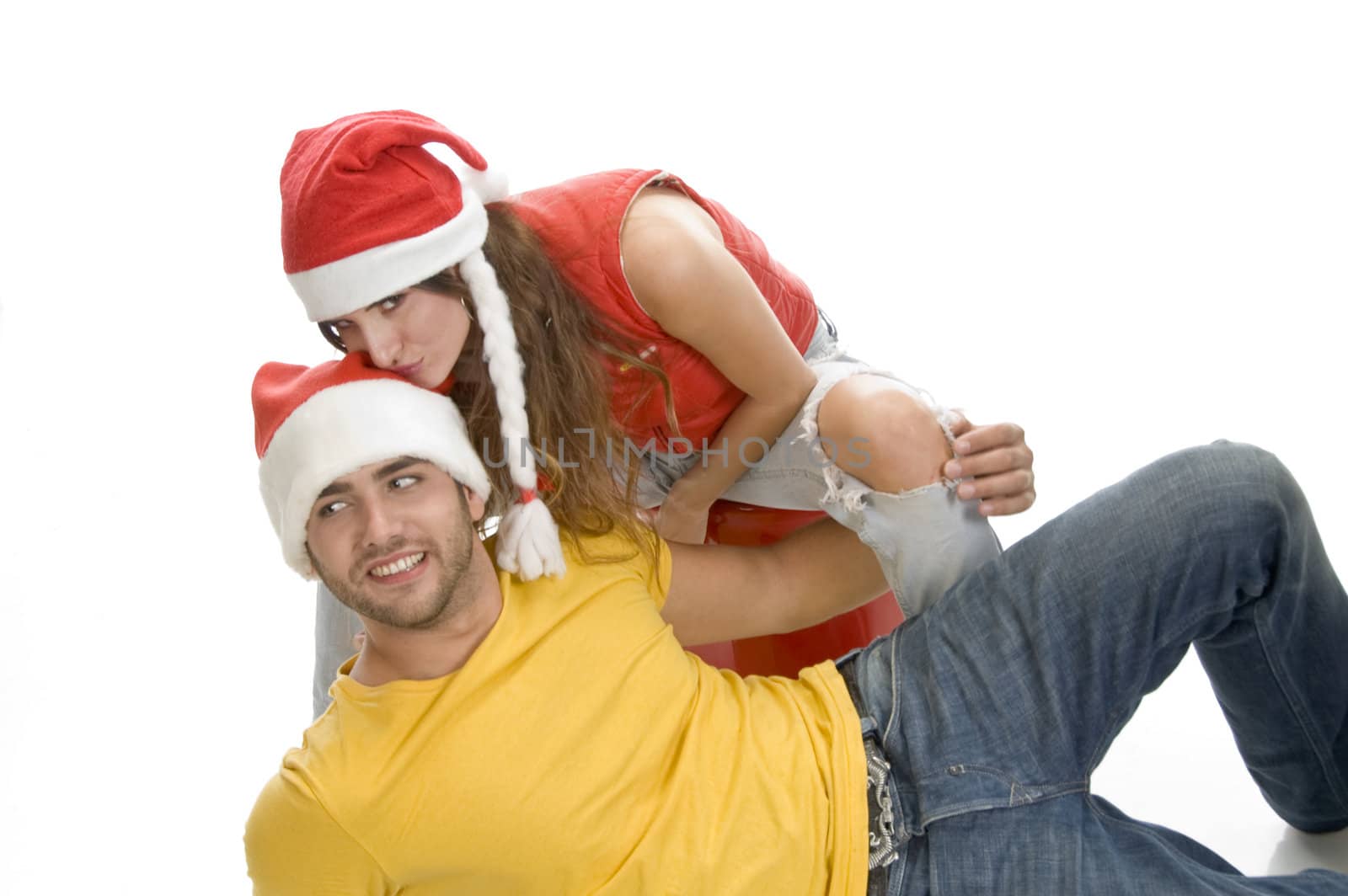 lady kissing on man's head on an isolated background