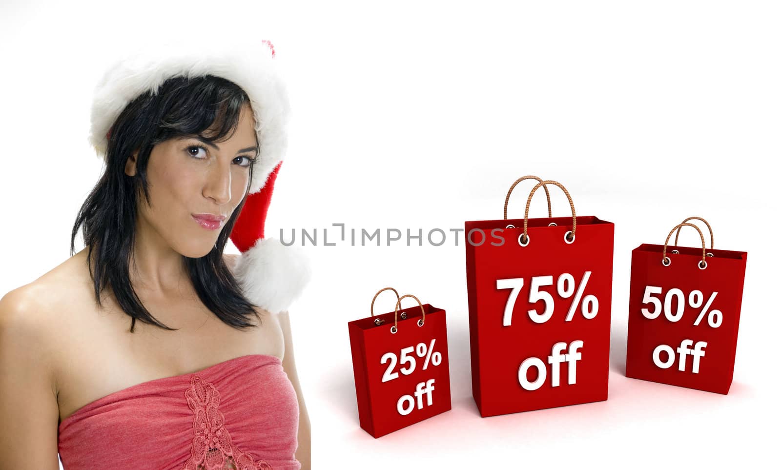 three dimensional shopping bags and sexy woman with santa hat  by imagerymajestic