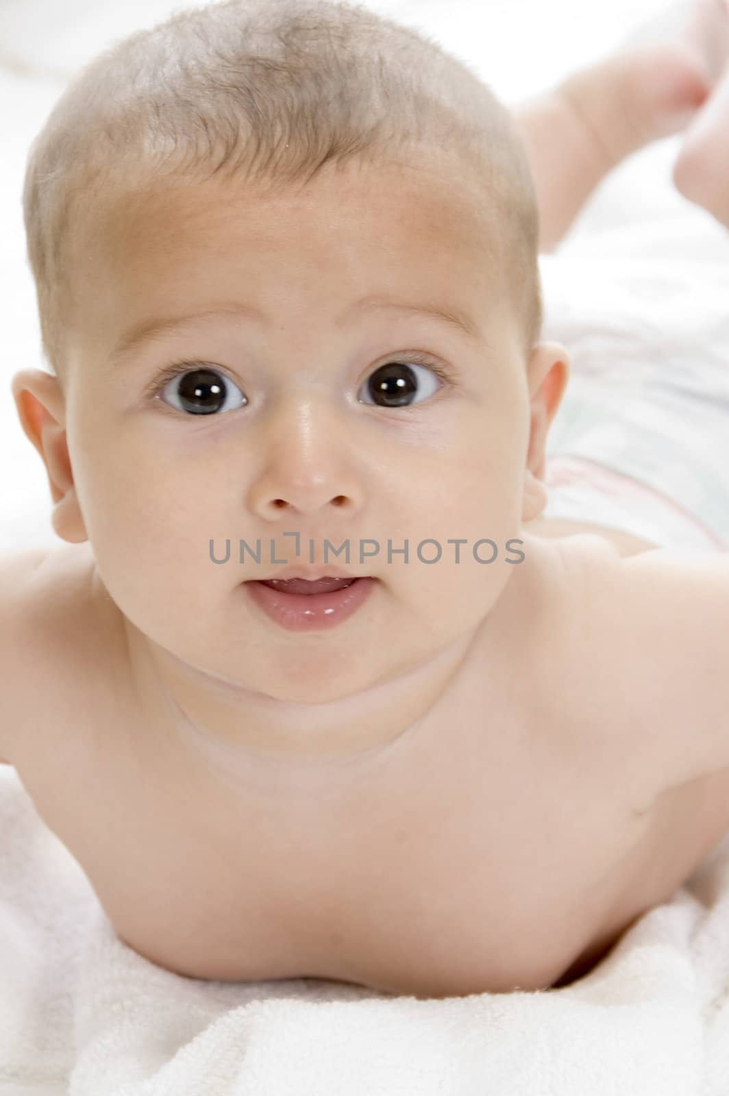 happy child lying and looking at camera on an isolated white background