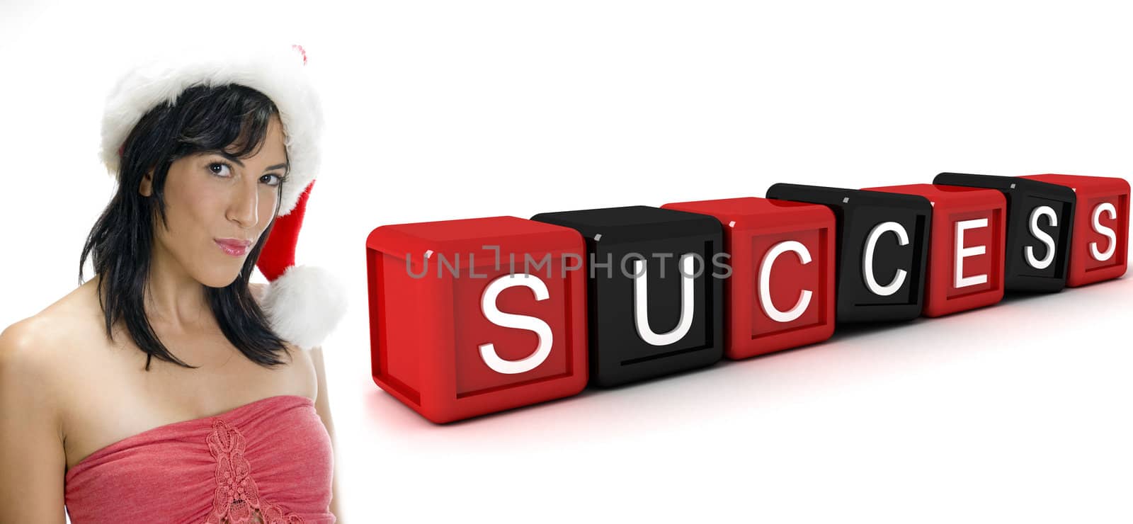 three dimensional building blocks with success text and woman with santa hat and  on an isolated white background