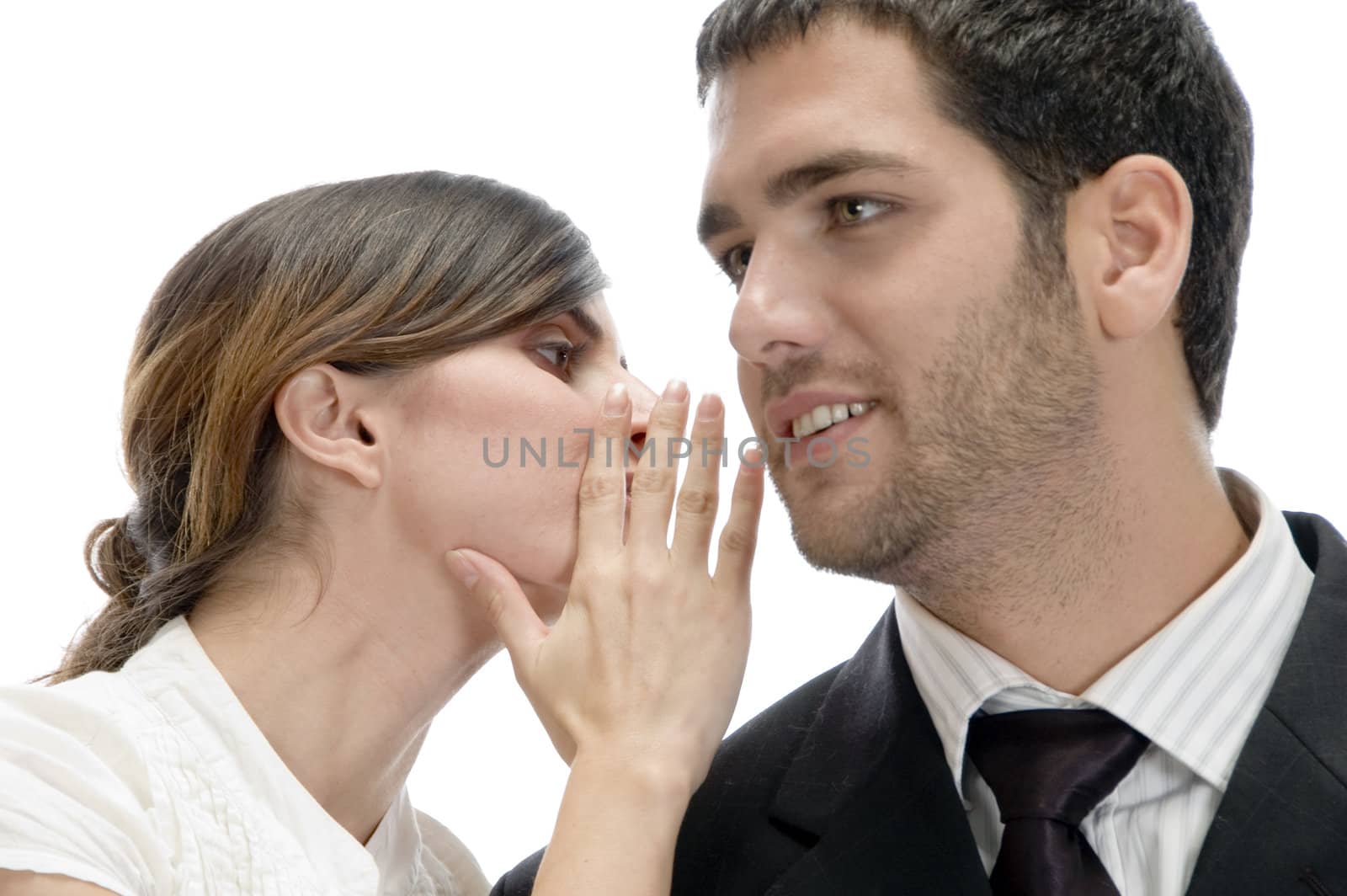 beautiful woman telling something to man with white background