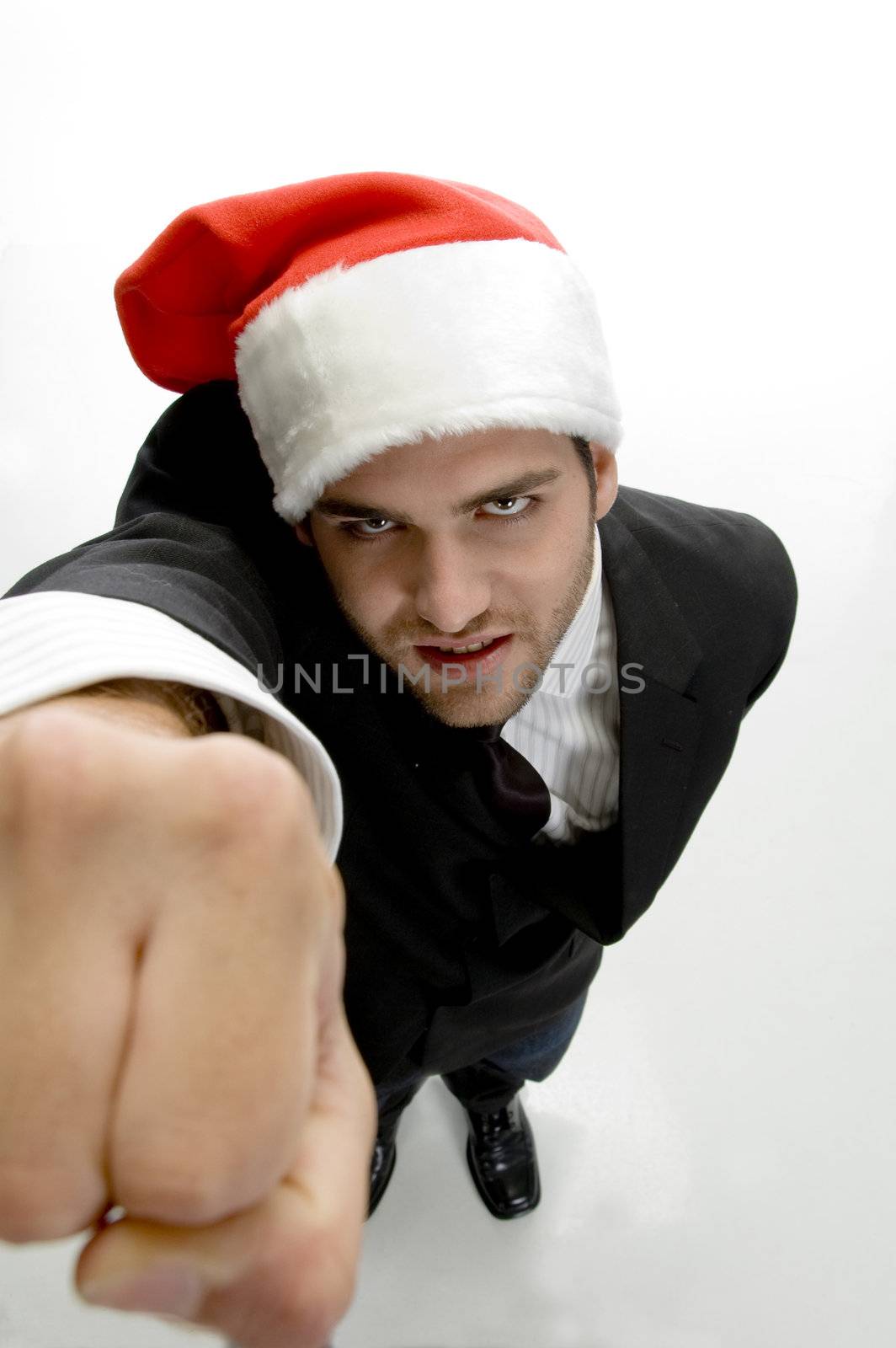 high angle view of man showing punch isolated on white background