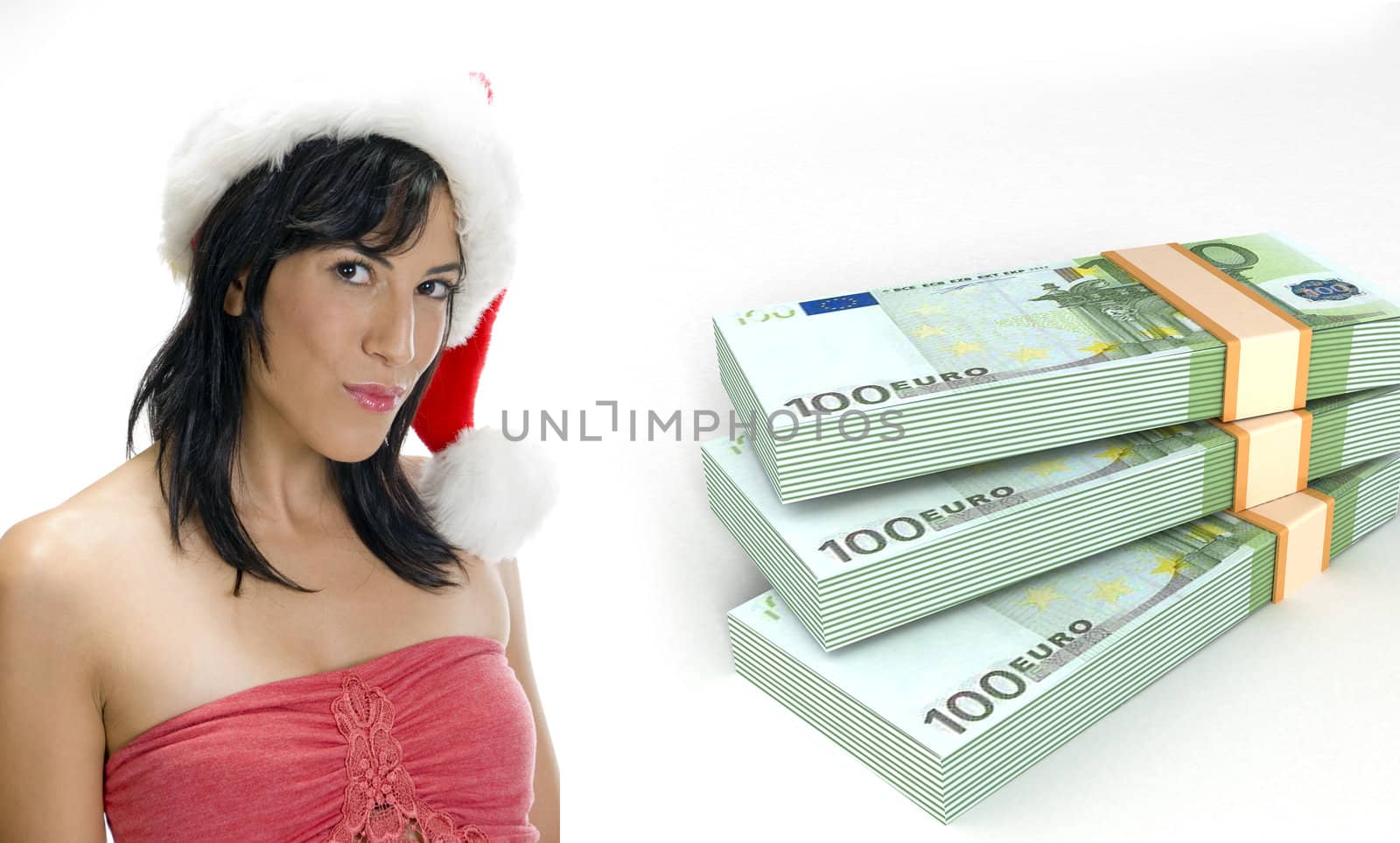 three dimensional currency bundles stack and woman with santa hat  by imagerymajestic