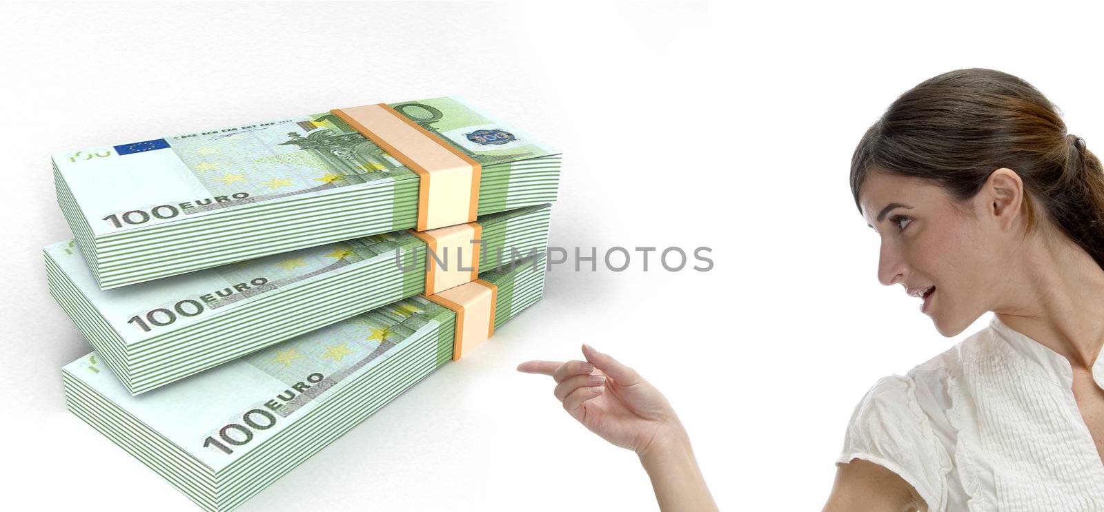 business woman pointing at three dimensional bundles of europian currency  by imagerymajestic