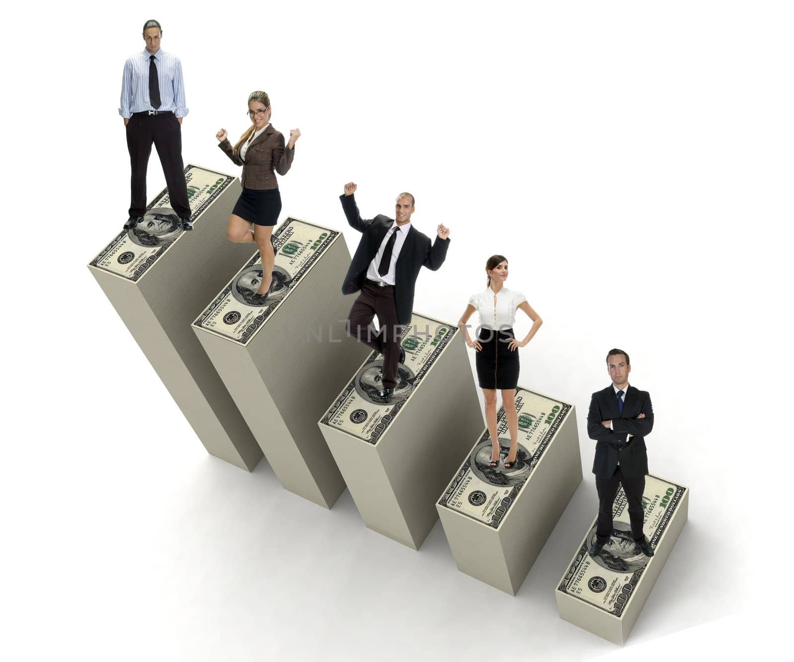 young successful business people on three dimensional bars of currency   by imagerymajestic