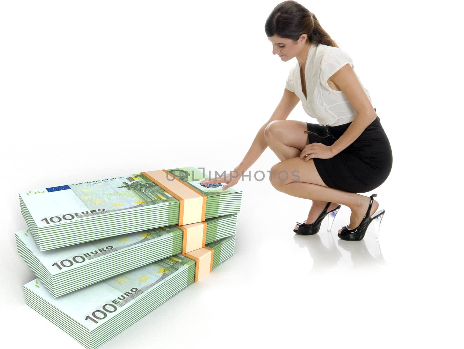 businesswoman and three dimensional bundles of europian currency on an isolated white background