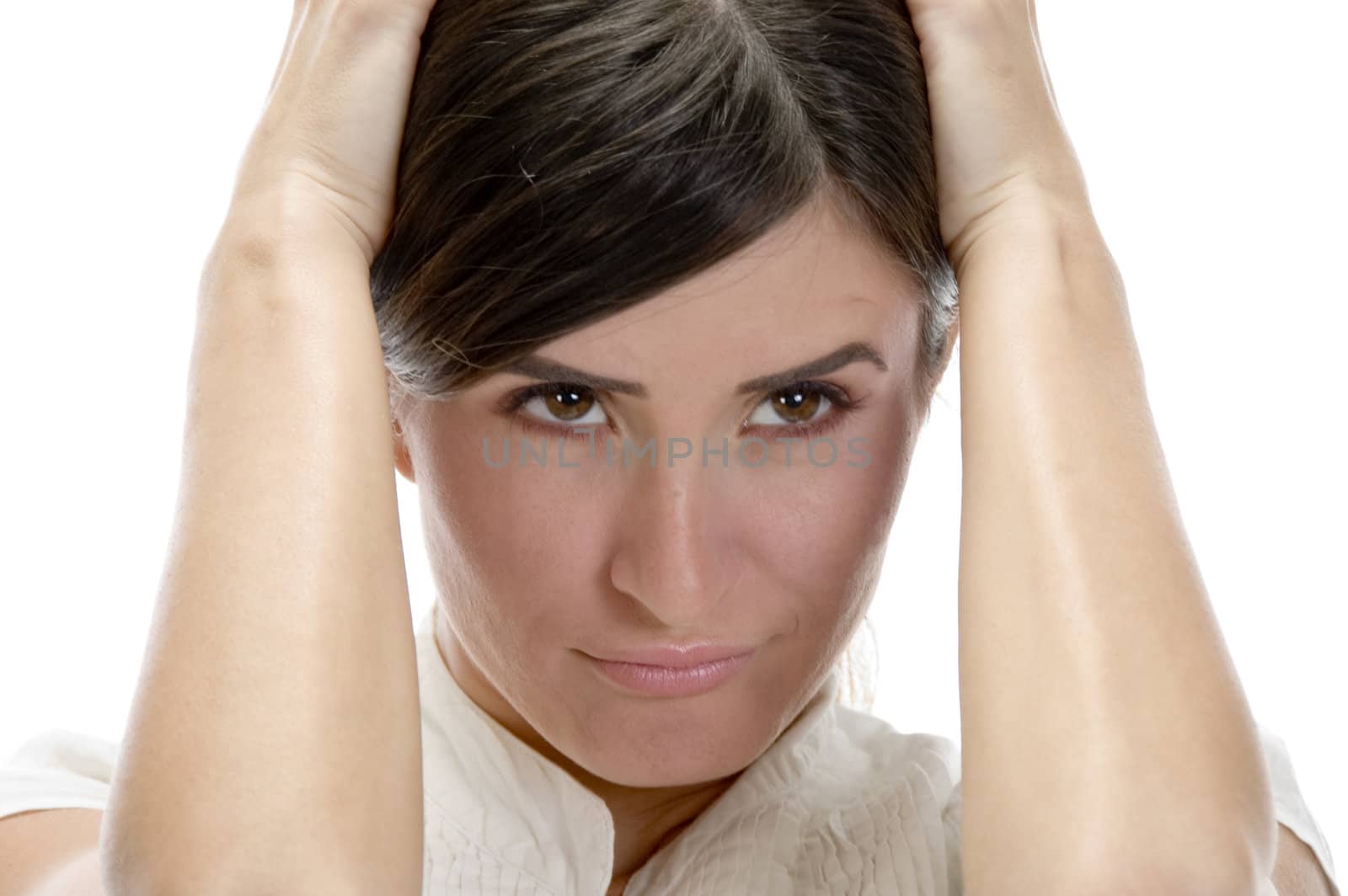 young lady in tension with white background