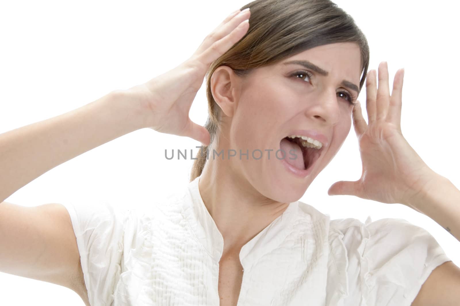 shouting young lady on an isolated background