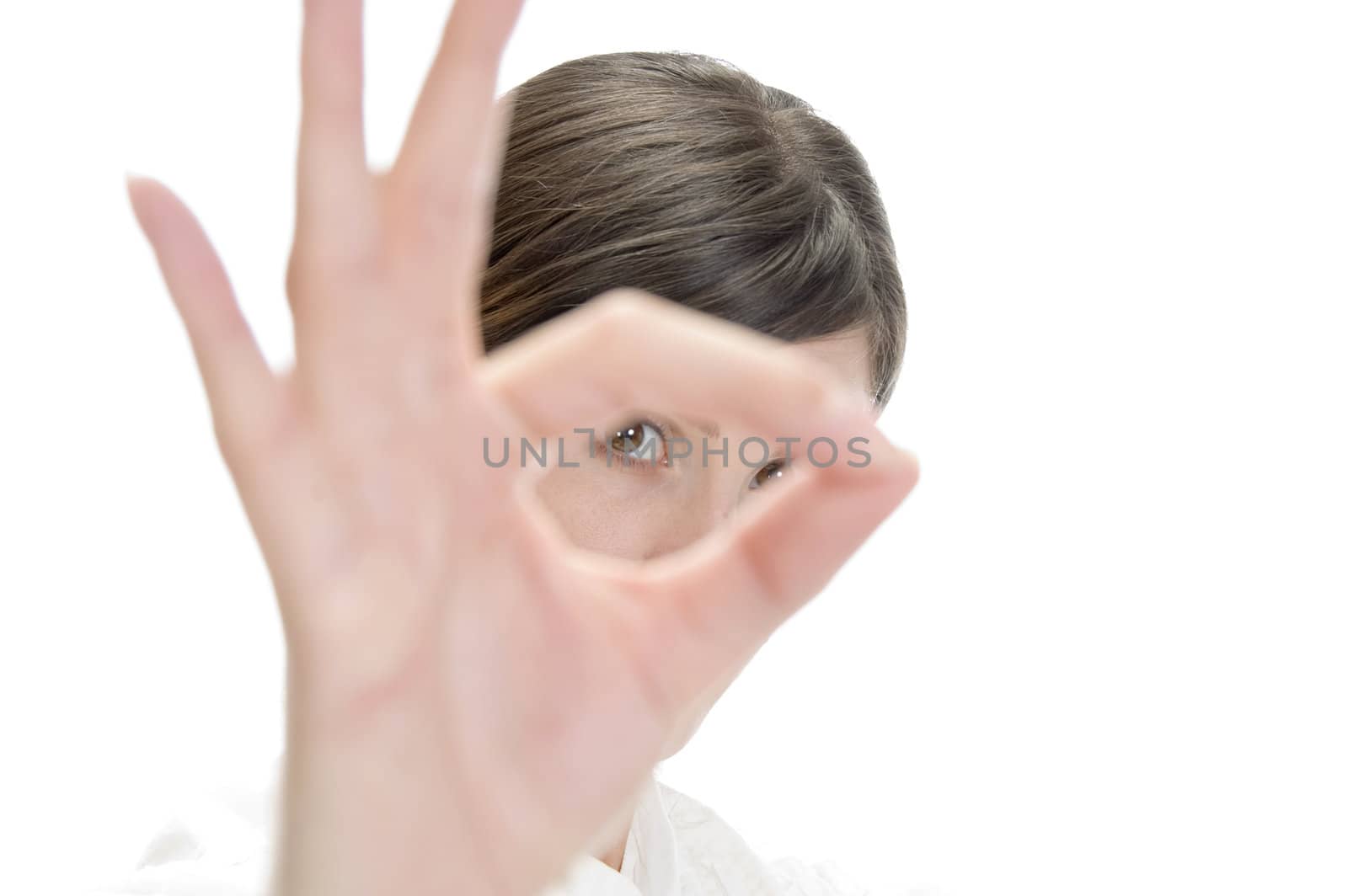 lady showing ok sign on an isolated white background
