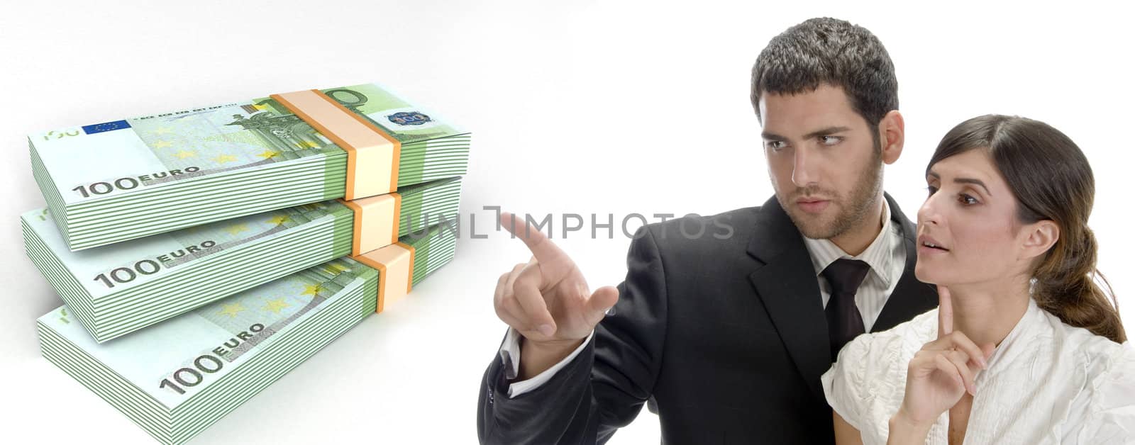 business team and  three dimensional bundles of europian currency on an isolated white background