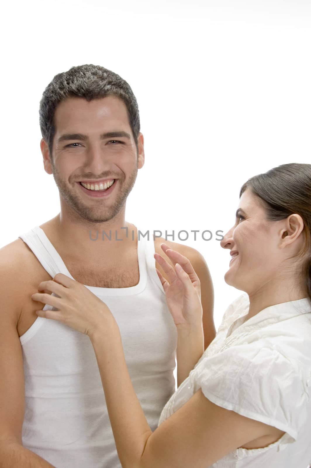 laughing romantic couple against white background