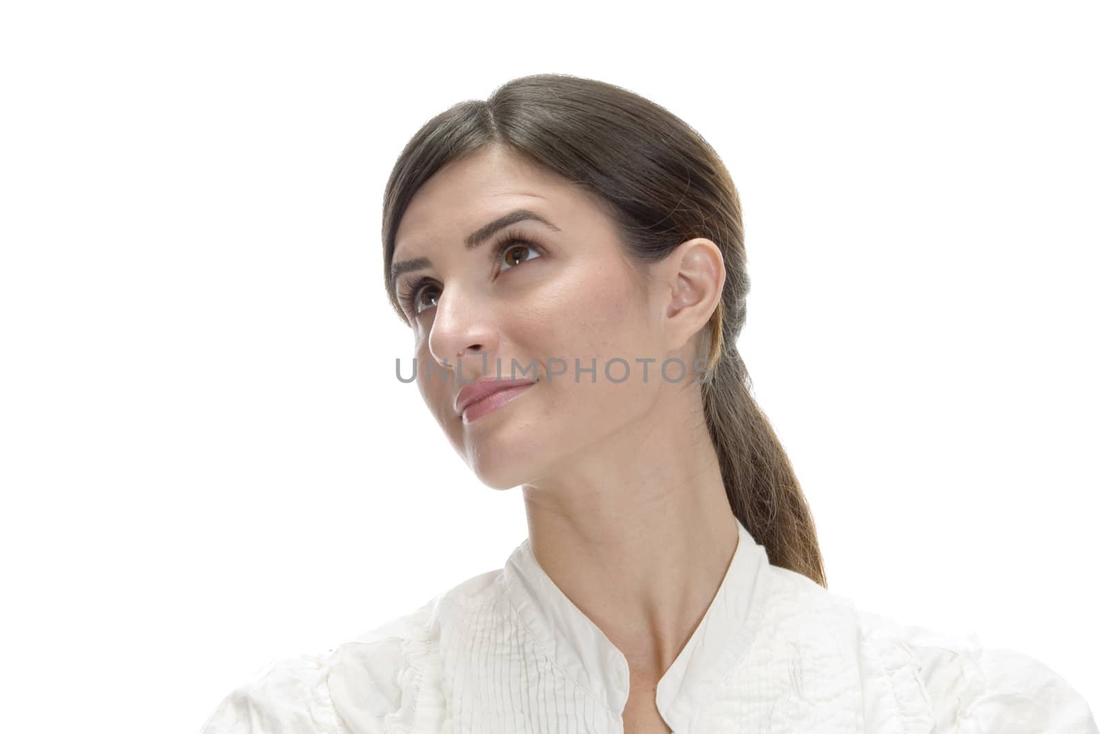 charming lady looking upside on an isolated background