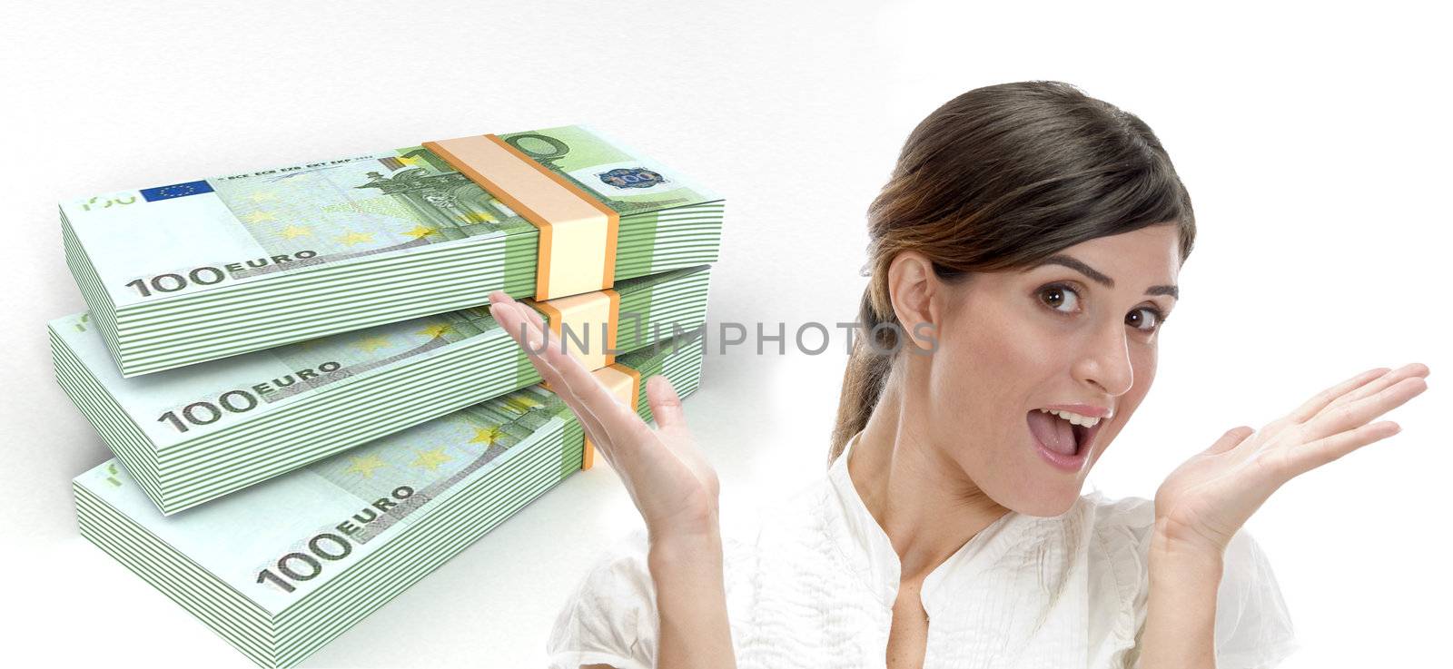 surprised business woman and three dimensional bundles of europian currency on an isolated white background