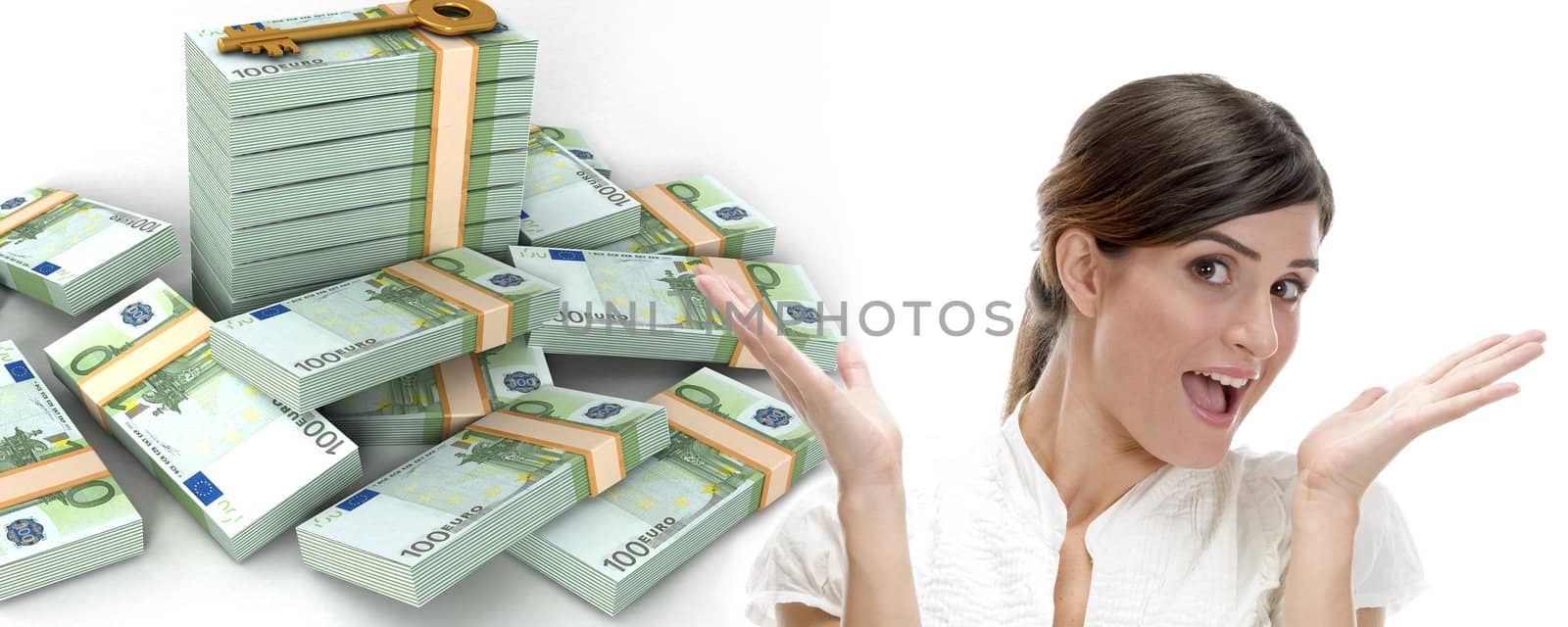 surprised business woman and  three dimensional stacked  bundles of europian currency on an isolated white background