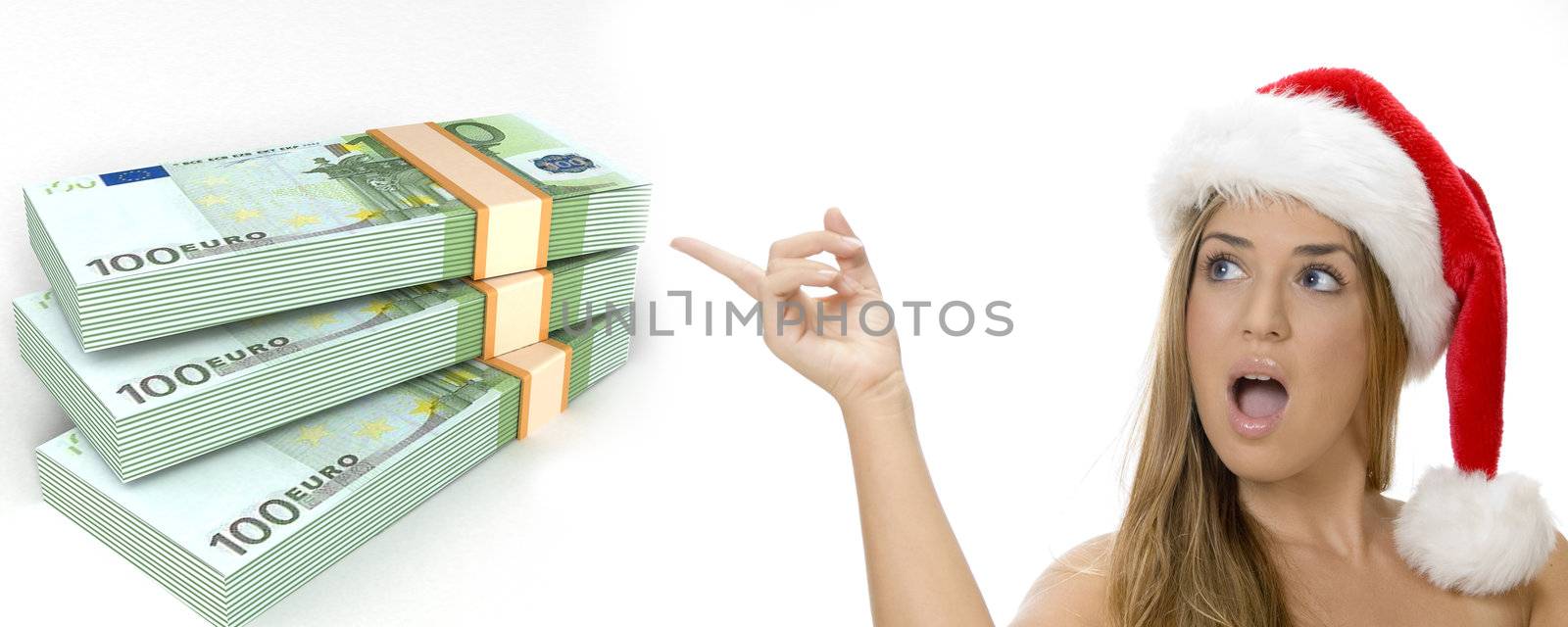 three dimensional bundles of euro money and woman with santa hat on an isolated white background