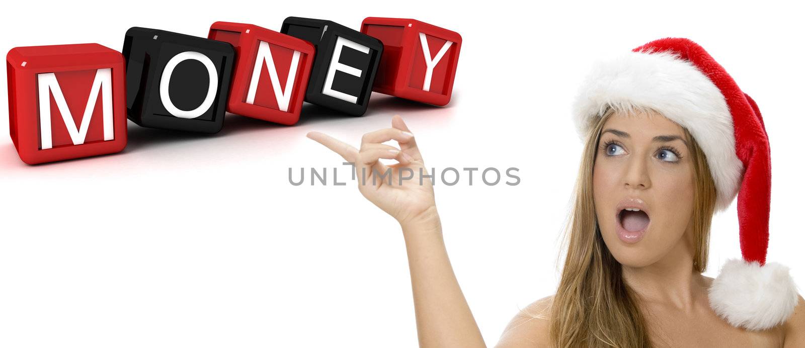 three dimensional building blocks with money text and sexy woman with santa hat on an isolated white background