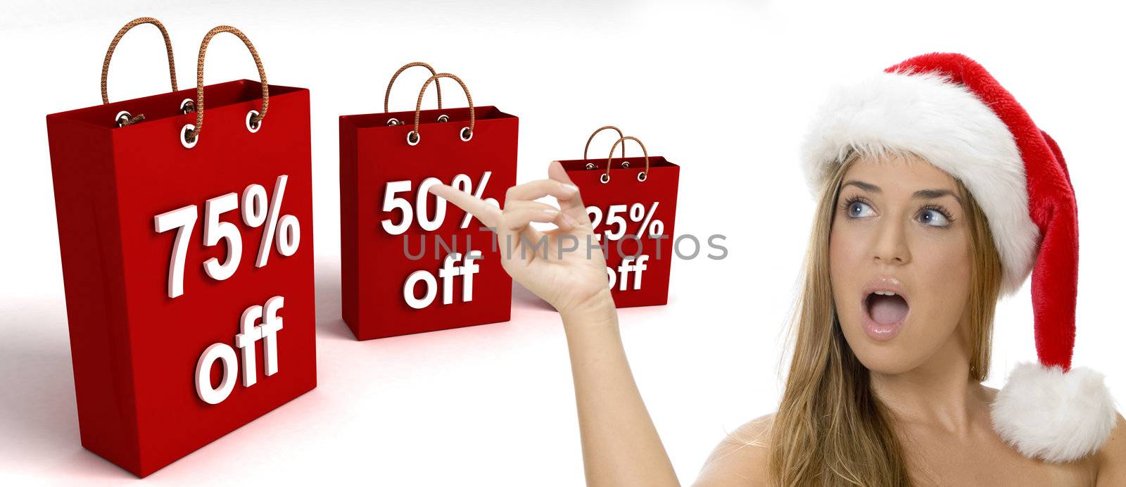 three dimensional shopping bags and woman with santa hat on an isolated white background