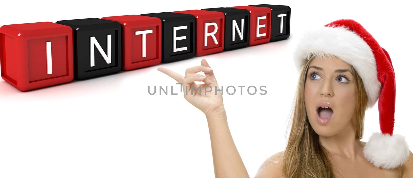 three dimensional building blocks with internet text and sexy woman with santa hat on an isolated white background