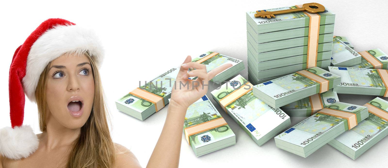 three dimensional  key and bundles of euro money and a sexy lady with santa hat on an isolated white background