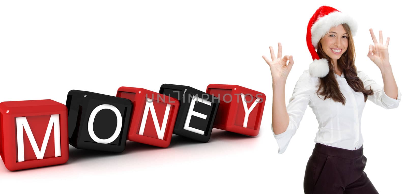 three dimensional building blocks with money text and women gesture okay on an isolated white background 