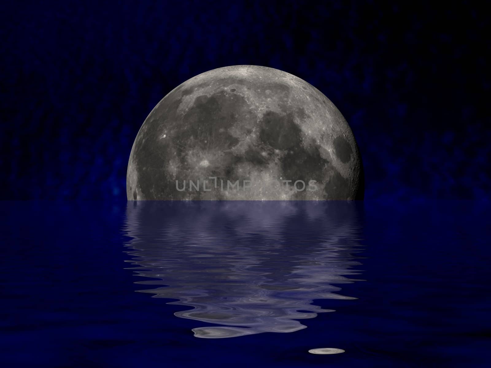 Illustrated full moon behind an ocean