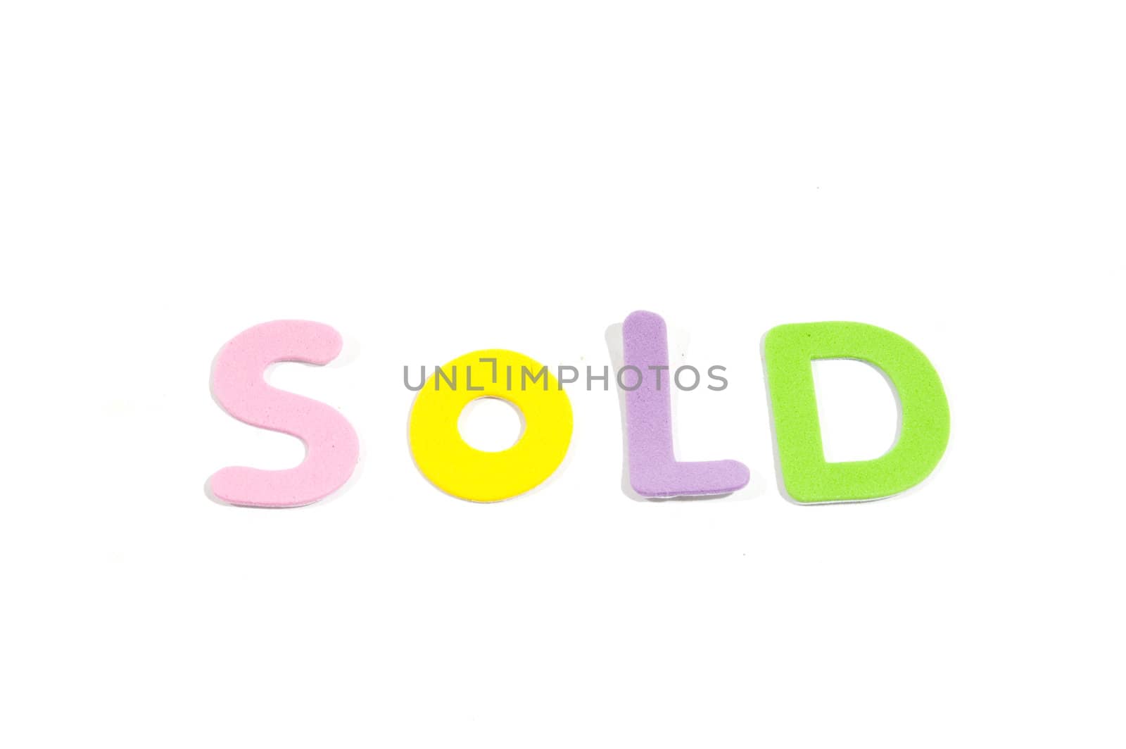 sold in colorfull letters isolated on white