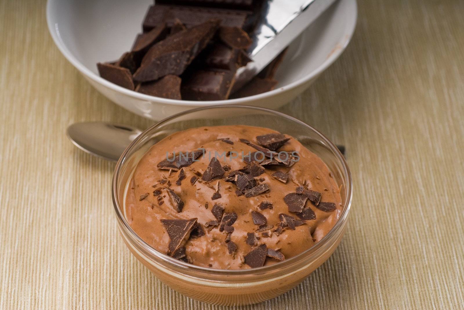 fresh homemade chocolate mousse made with bitter chocolate ,closeup