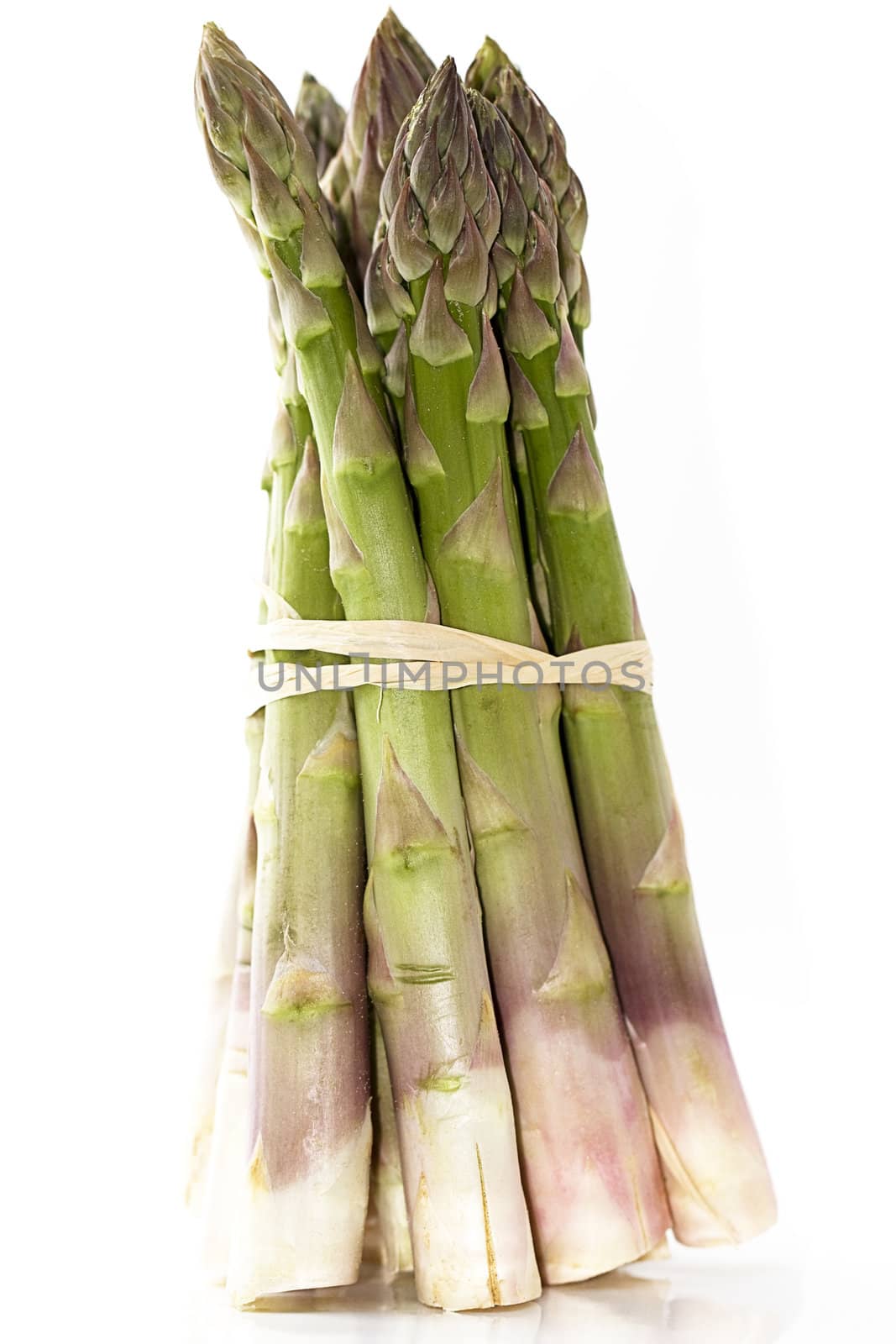 a bundle of green asparagus on white background