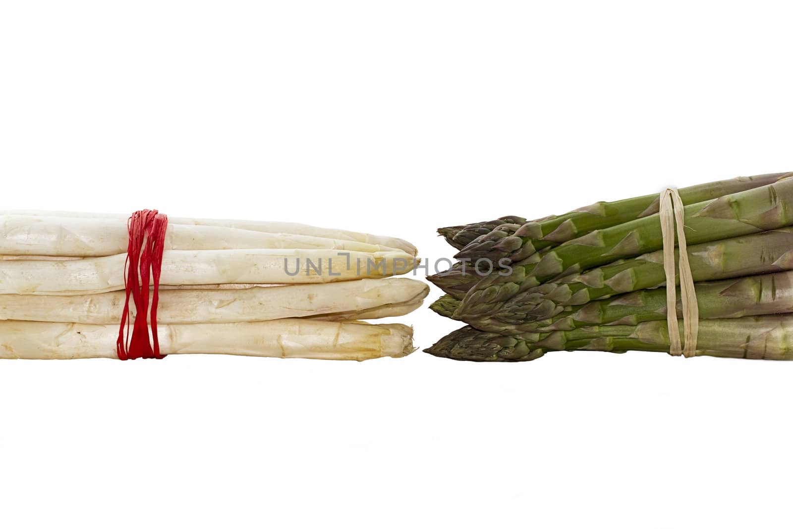 a bundle of green and white asparagus isolated on white background