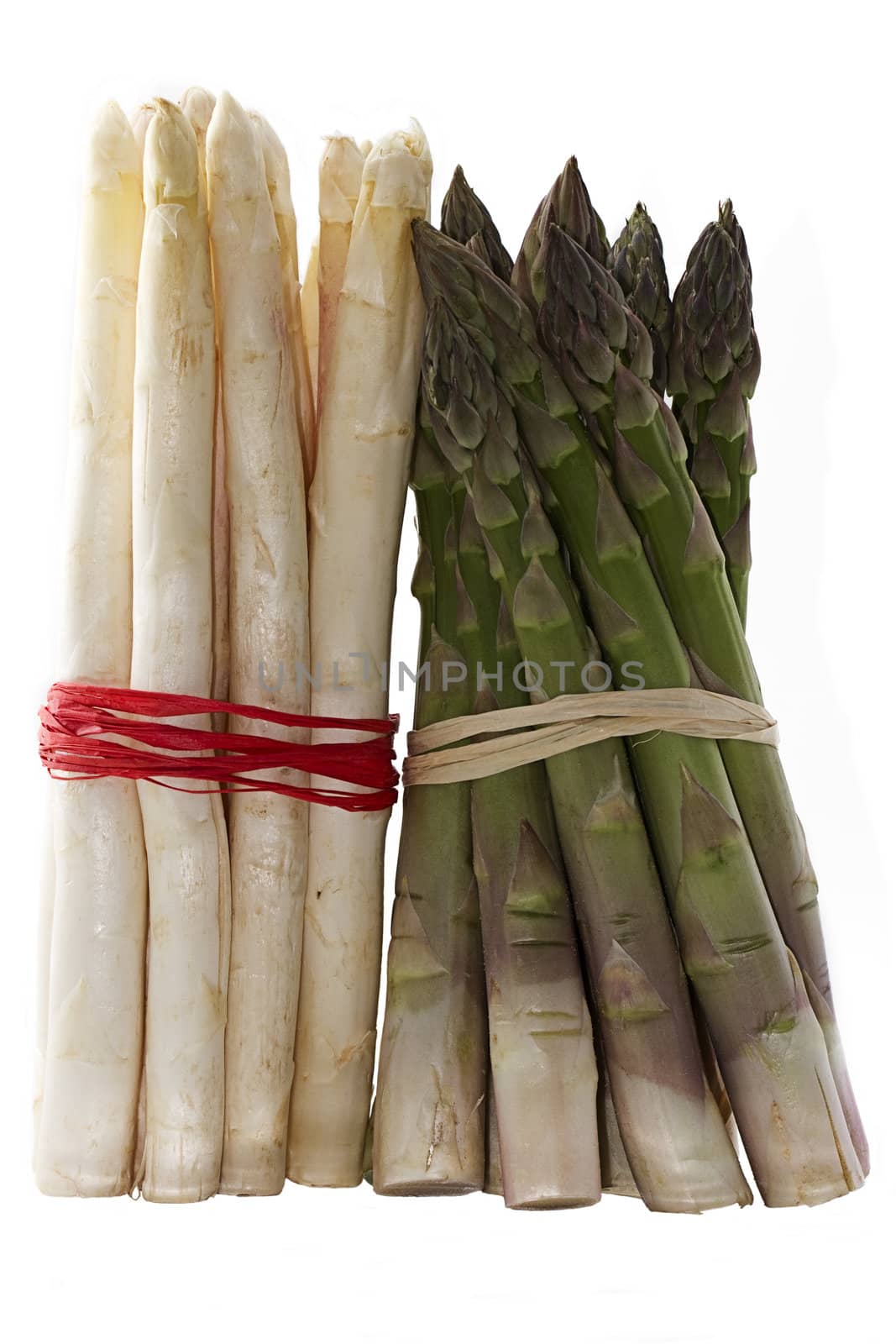 a bundle of green and a bundle of white asparagus  isolated on white background
