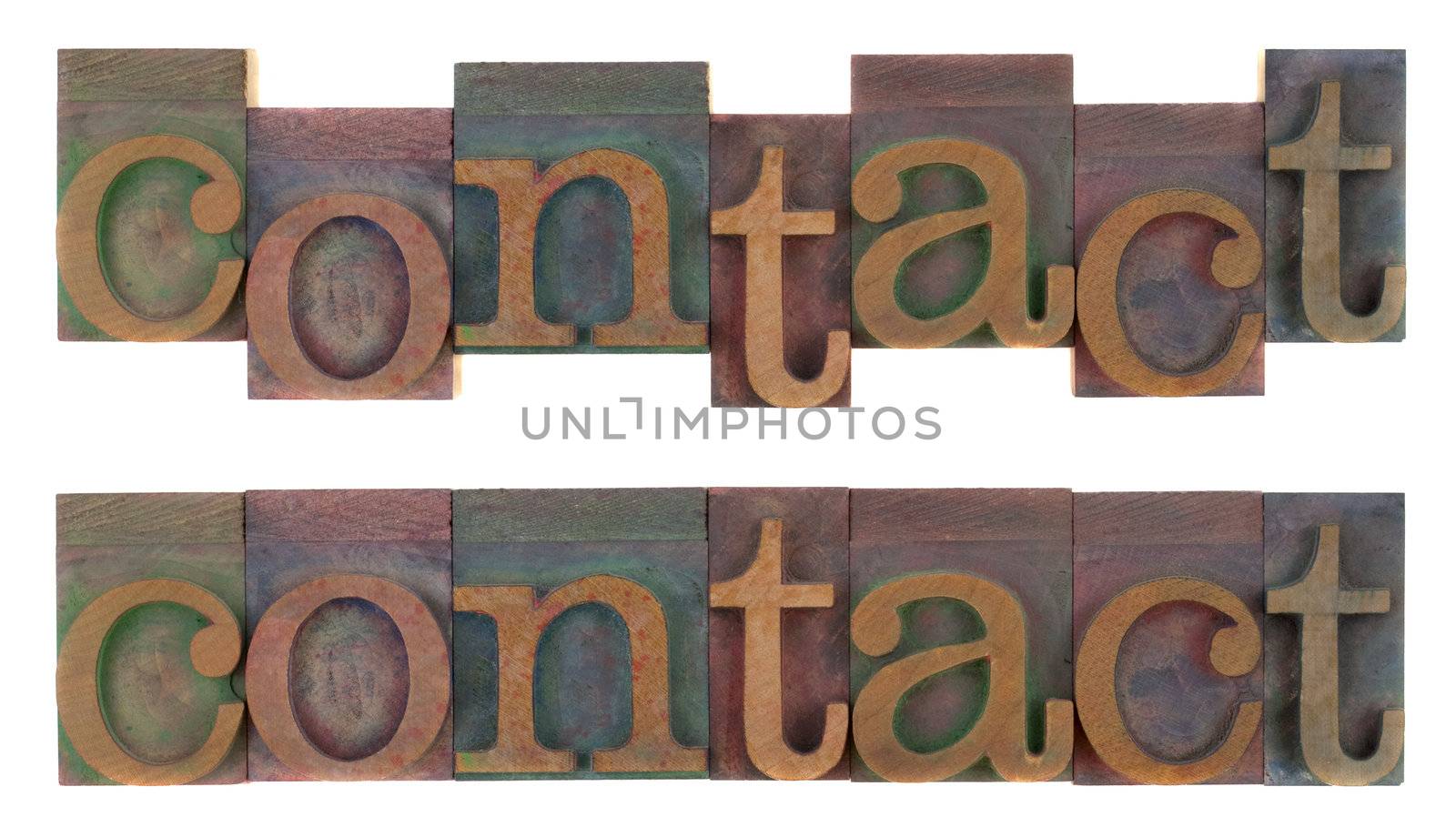 the word contact (two layouts) in old wooden letterpress type blocks, stained by colorful ink, isolated on white