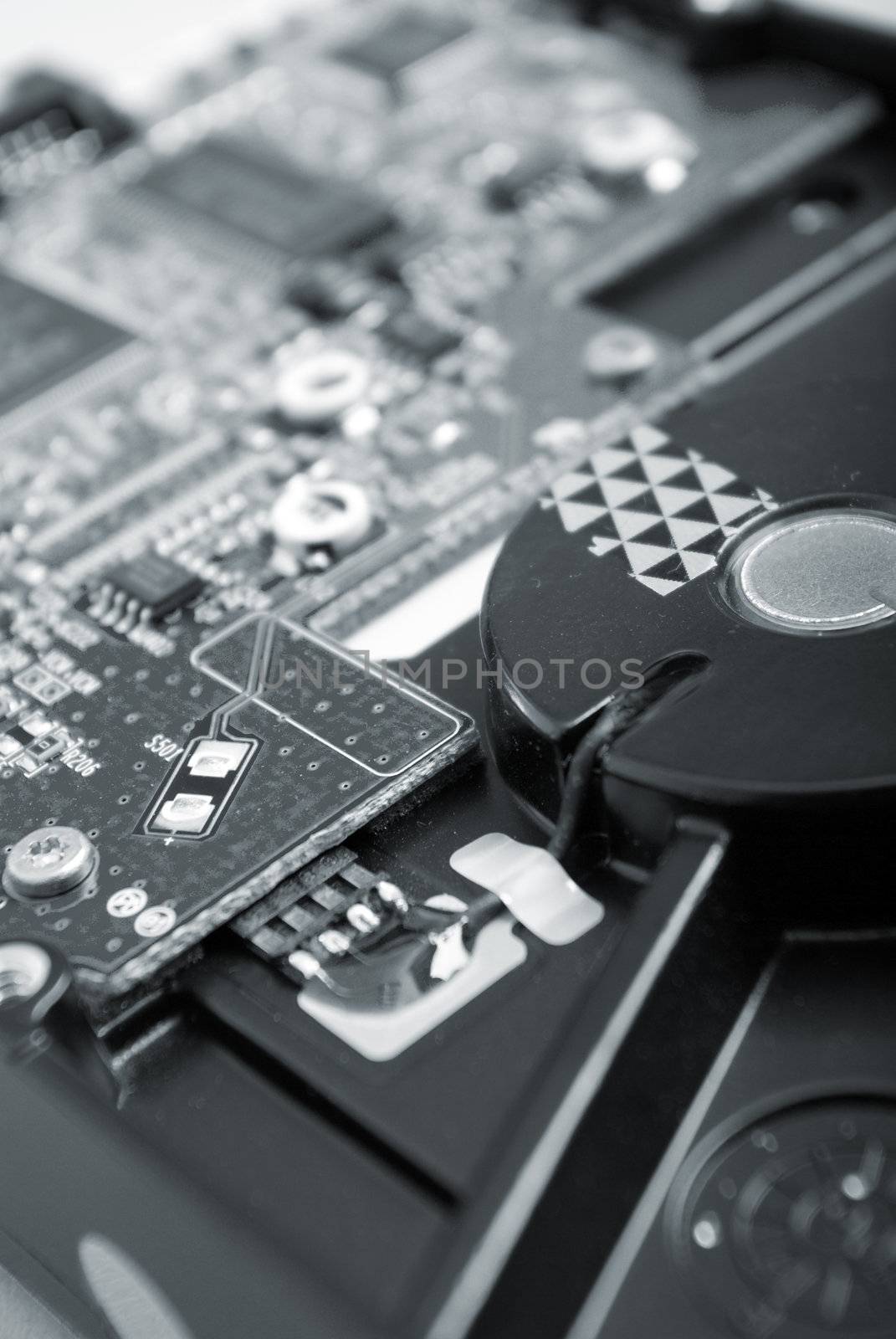 Closeup of computer motherboard with details. 